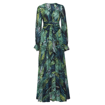 lovwvol V-Neck Leaf Print Maxi Dress