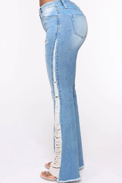 lovwvol  - Baby Blue Casual Patchwork Ripped High Waist Regular Denim Jeans