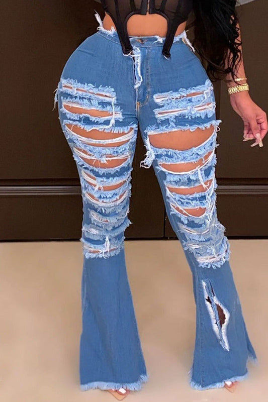 lovwvol  - Baby Blue Fashion Casual Solid Ripped High Waist Regular Denim Jeans