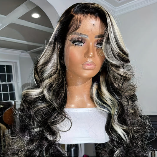 13x4 Lace Frontal Wig - Highlight Grey and Black Colored, Pre-Plucked, Glueless, Long Wavy, Half Body Wave Synthetic Hair for Black Women - Premium Quality, Natural Looking, Easy to Style