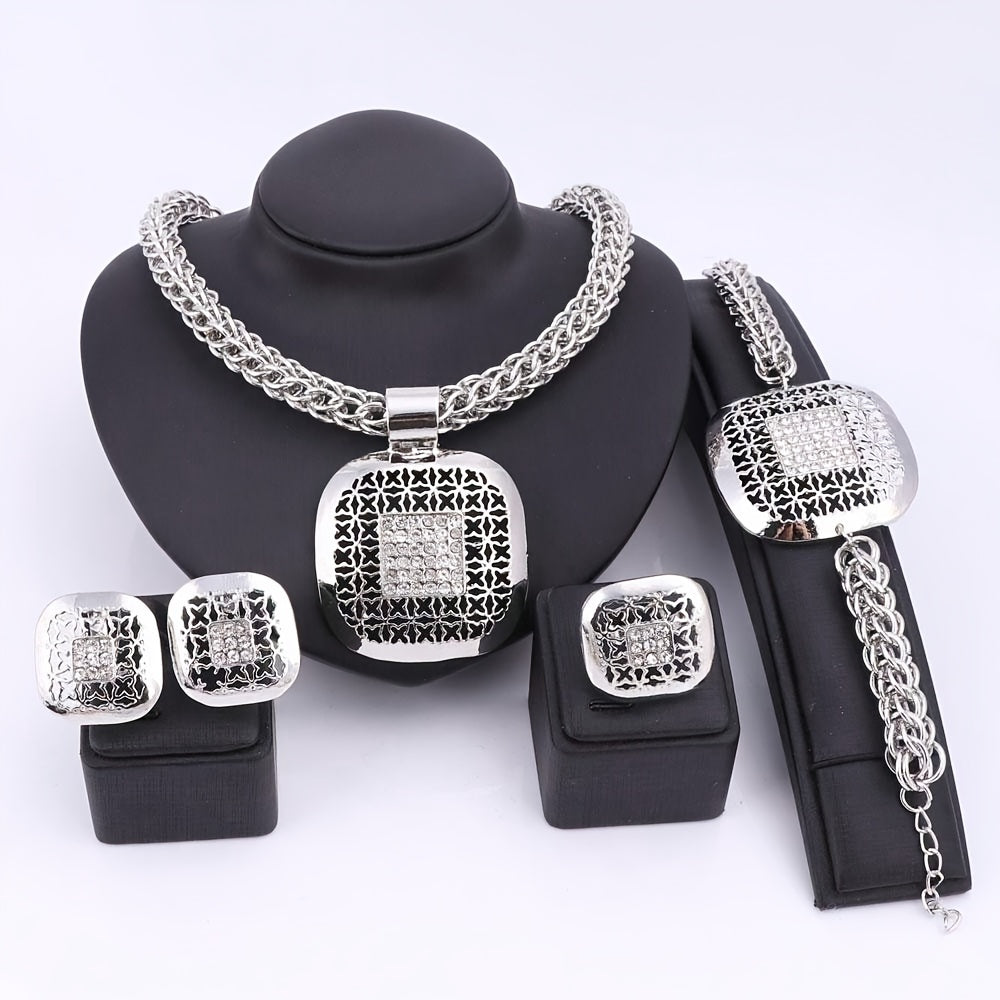 Tone Rhinestone Square Necklace Earrings Bracelet Ring Set, Vintage Ethnic Style Women's Wedding Party Jewelry Gift Set