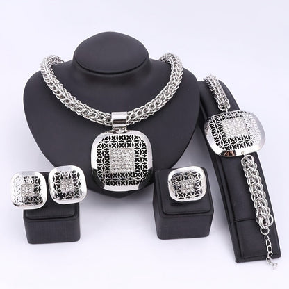 Tone Rhinestone Square Necklace Earrings Bracelet Ring Set, Vintage Ethnic Style Women's Wedding Party Jewelry Gift Set