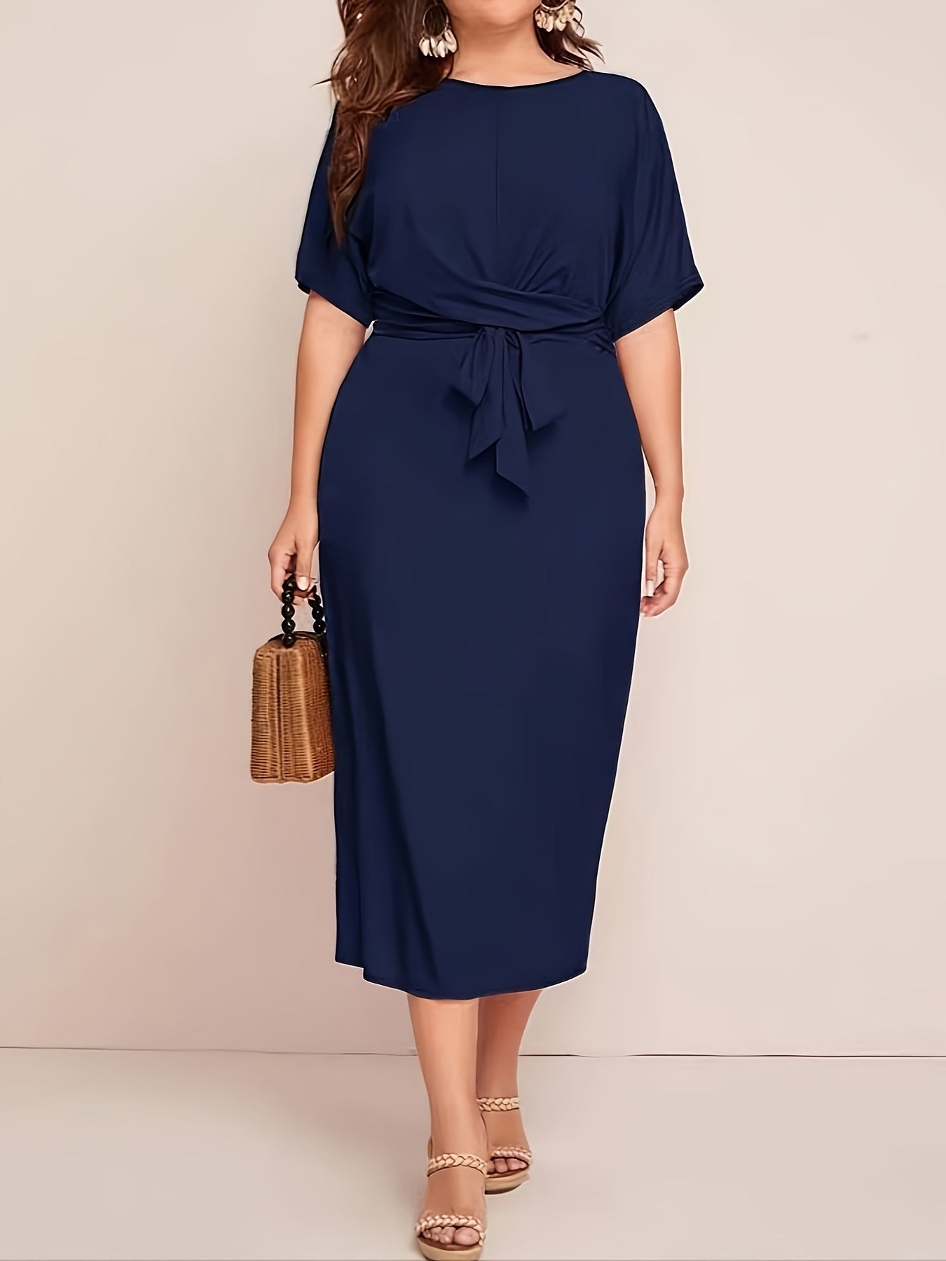 Chic All-Season Elegance: Durable Knit, Non-Sheer Solid Color Dress with Crew Neck, Half-Sleeves, and Flattering Tie Waist