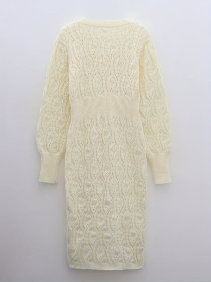 Chic Warm V-Neck Midi Sweater Dress - Hollow Detail, Semi-Sheer Elegance, Perfect for Fall/Winter