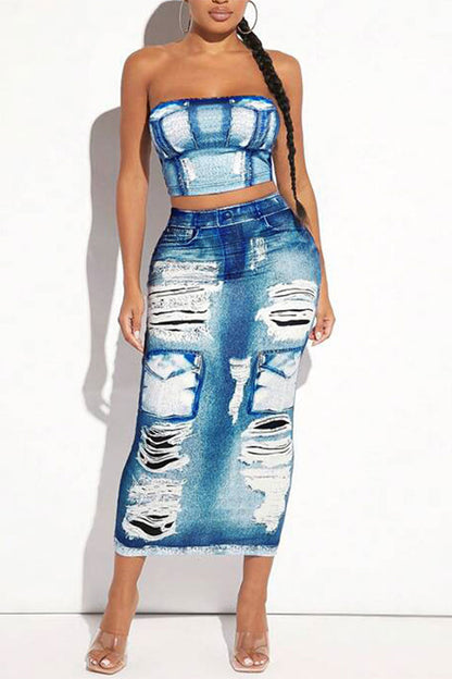 Imitation Denim Print On-trend Bandeau Dress Suit