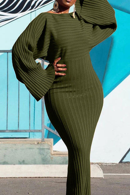 Solid Color Ribbed Chic Batwing Sleeve Maxi Dress