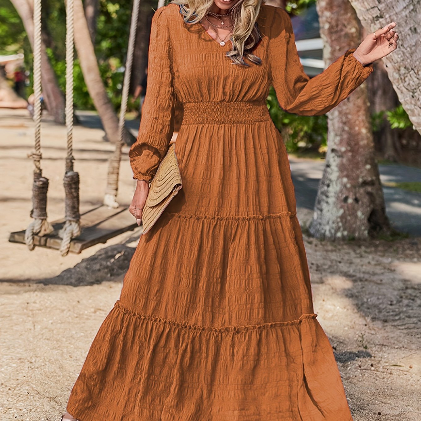 Chic Solid V-neck Textured Maxi Dress - Flattering Vacation Style with Smocked Long Sleeves - Versatile Womens Clothing for All Seasons