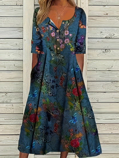 Plus Size Casual Dress, Women's Plus Floral Print Long Sleeve Round Neck Henley Dress With Pockets