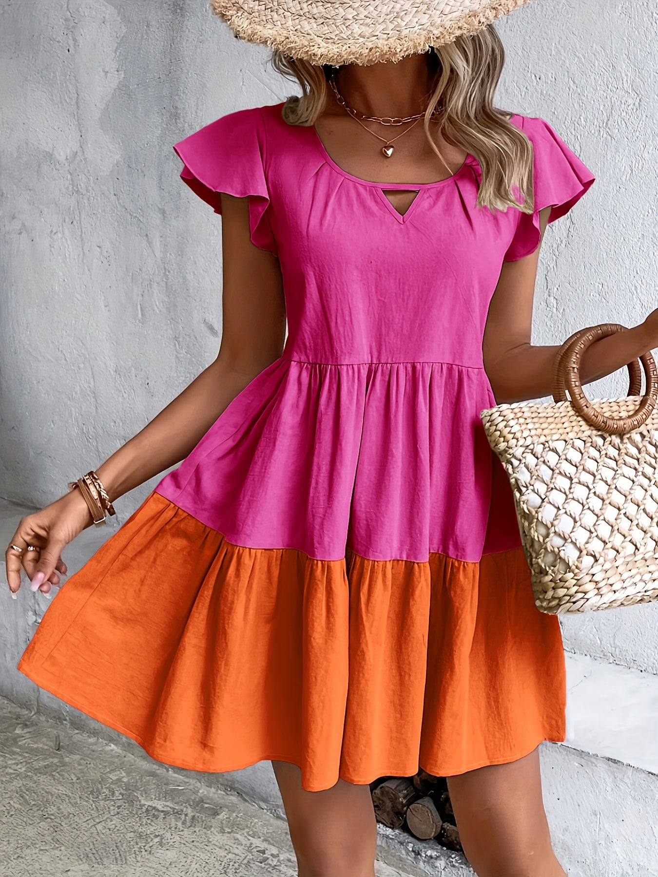 Women's Spring & Summer Flare Dress - Charming Crew Neck with Ruffle Sleeves, Flowy Ruffle Hem, Breathable Fabric, Perfect For Day-to-Night Wear