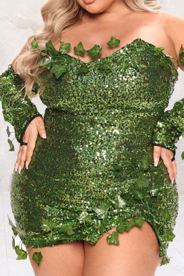 Leaf Decor Dramatic Sequined Mini Dress (With Gloves)