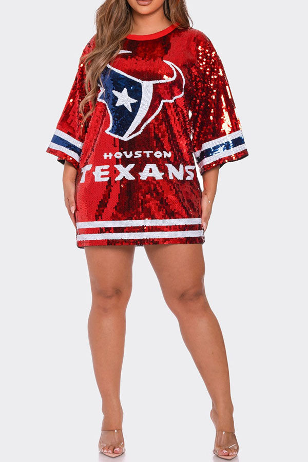 Letter Sequined Oversized Round Neck Mini Dress