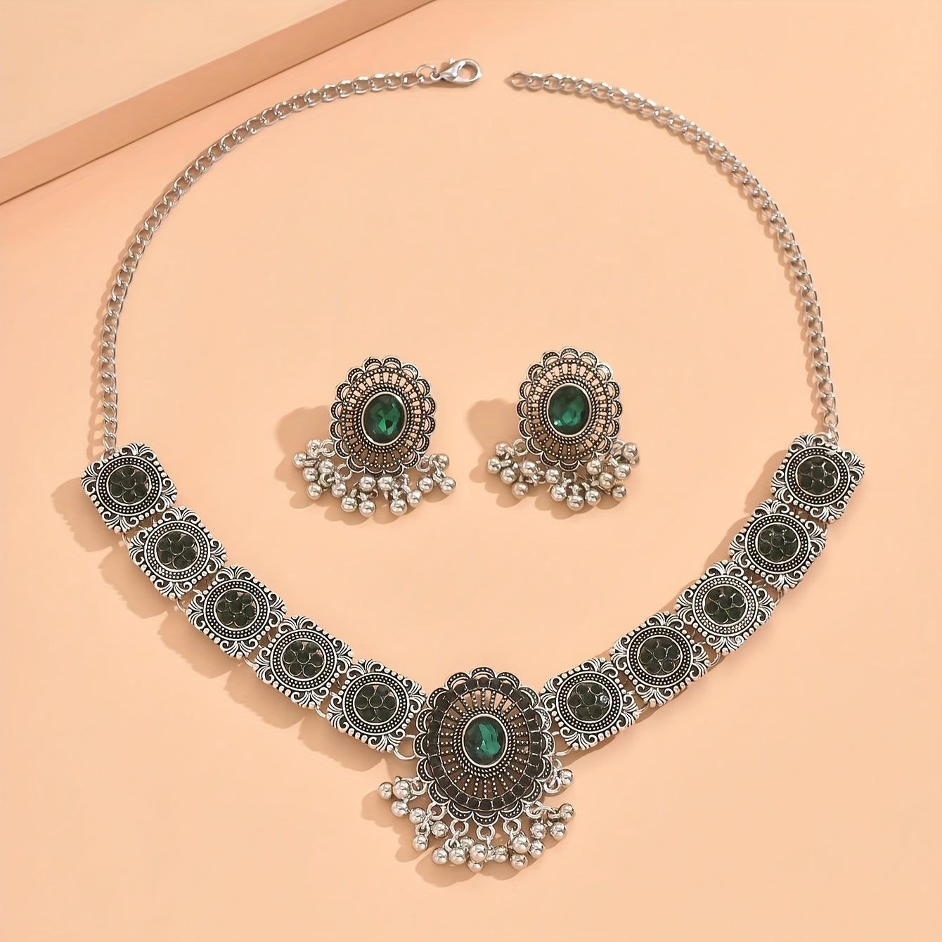 Elegant Vintage Jhumka Jewelry Set - Sparkling Stone-Paved Necklace & Earrings for Daily & Party Glamour