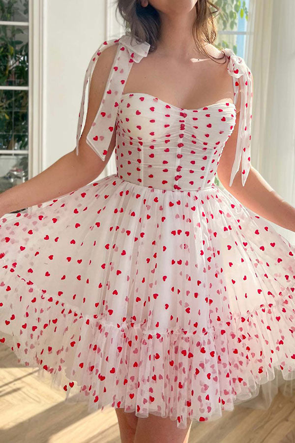 Heart Print Lace-Up Sweet Bubble Mini Dress