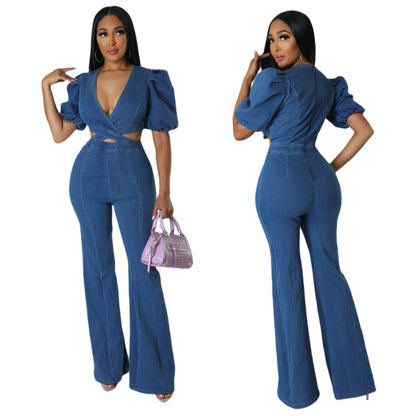 Women's Ruched Balloon Sleeves Puff Sleeves Fashion Casual Sexy Denim Cutout Jumpsuit