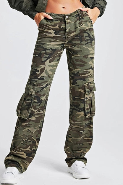 lovwvol  - Army Green Casual Camouflage Print Patchwork Mid Waist Denim Jeans