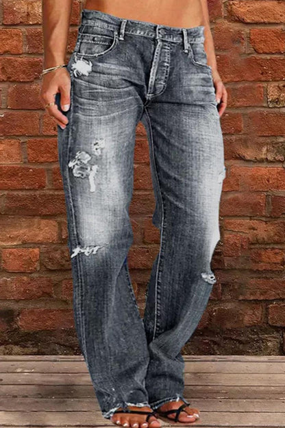 lovwvol  - Blue Casual Solid Ripped Patchwork Mid Waist Regular Denim Jeans