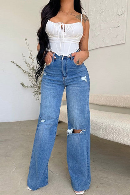 lovwvol  - The cowboy blue Casual Solid Ripped Patchwork High Waist Regular Denim Jeans