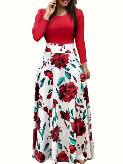 Elegant Floral Maxi Dress: Comfort-Fit, Crew Neck, Easy-Care, Perfect for Spring/Fall - Chic & Durable