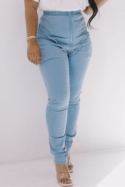 lovwvol  - Baby Blue Fashion Casual Solid Patchwork High Waist Regular Denim Jeans