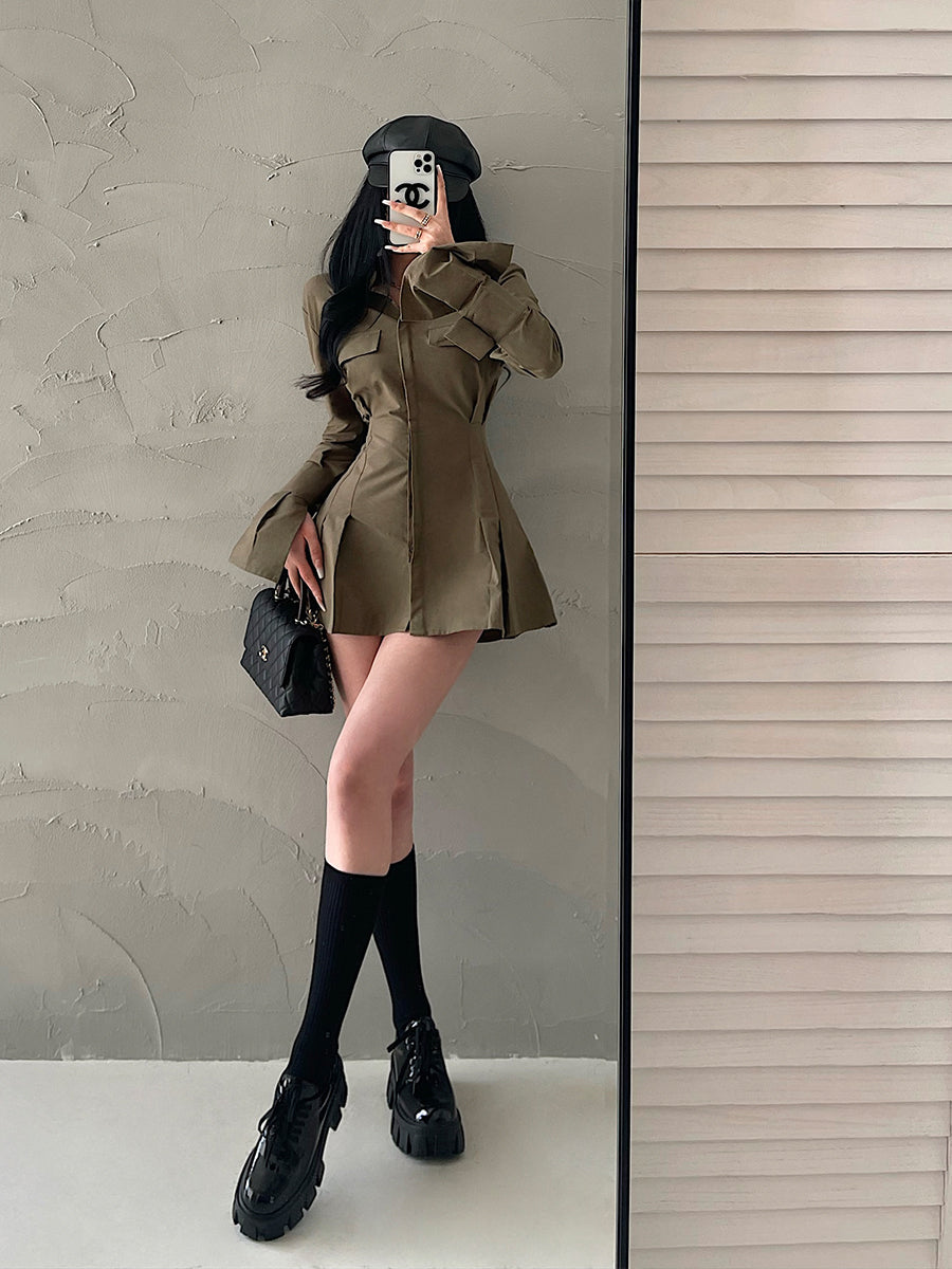 CreamTopMall Chelly Solid Color Slim Long Sleeves Shirt Pleated Button Up Waist Short Mini Dress