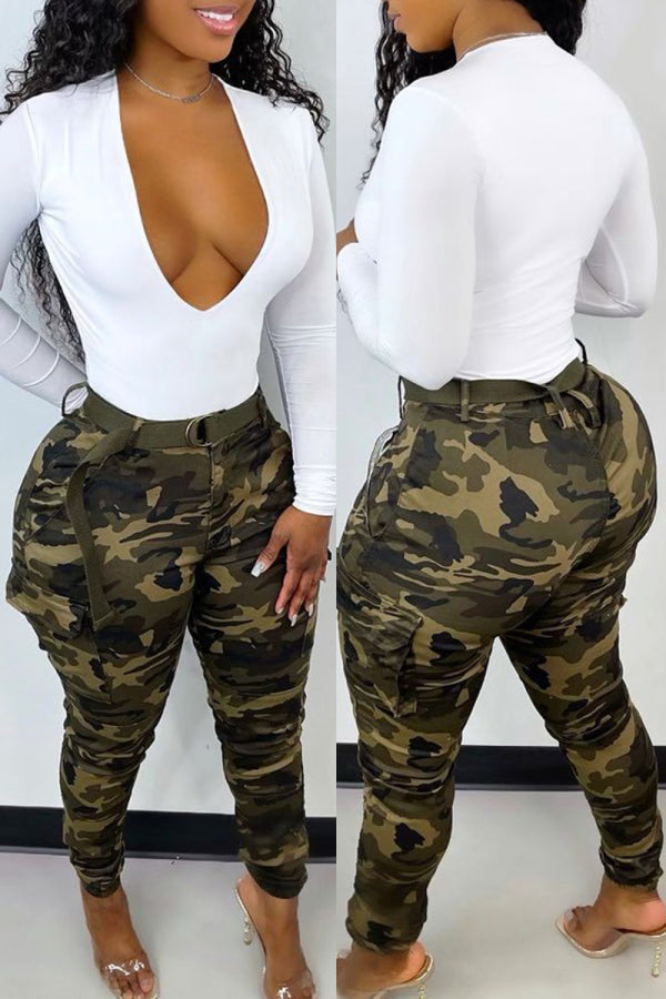 lovwvol  - Ink Green Fashion Casual Camouflage Print With Belt High Waist Regular Denim Jeans