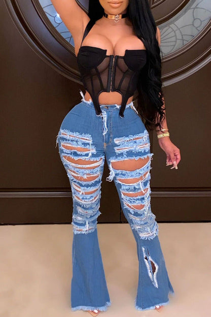 lovwvol  - Baby Blue Fashion Casual Solid Ripped High Waist Regular Denim Jeans