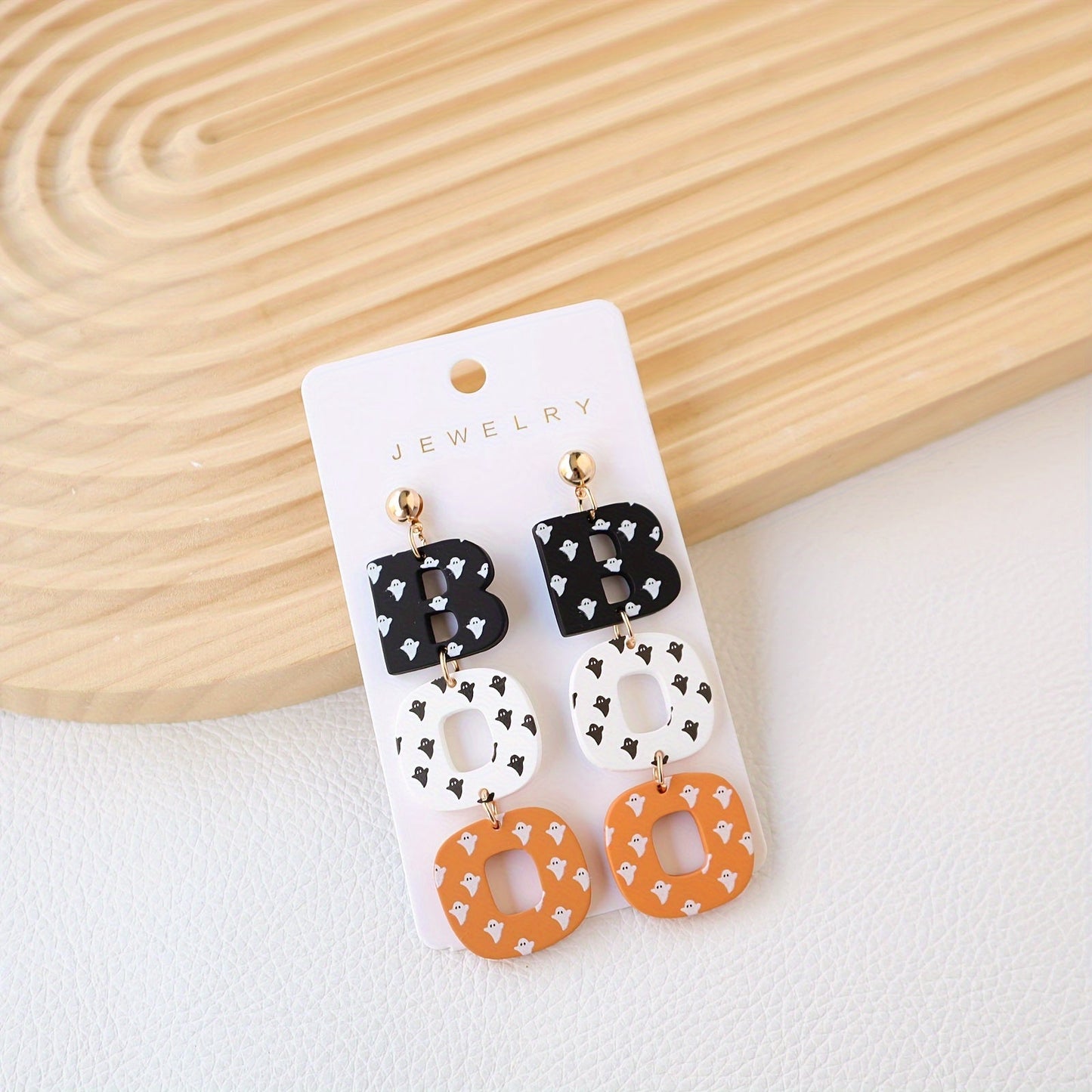 Halloween Acrylic Drop Earrings Cute Ghost Print BOO Dangle Fun & Quirky Party Accessory, Hypoallergenic Stainless Steel Ear Needle, No Plating - All Seasons Festive Jewelry Gift