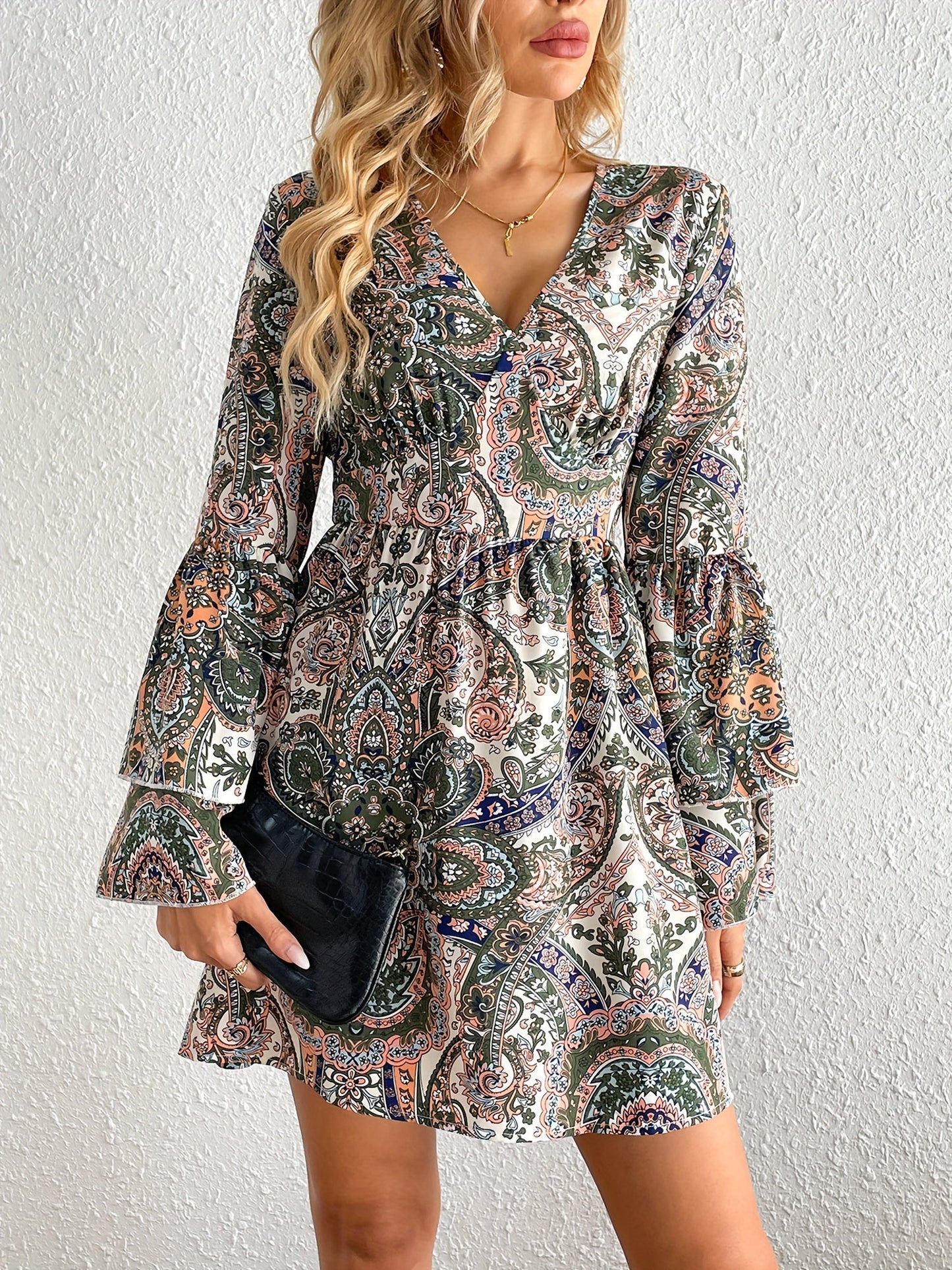 Boho-Inspired All-Season Midi Dress - Unique Floral Paisley, Durable & Easy-Care, Perfect for Every Occasion