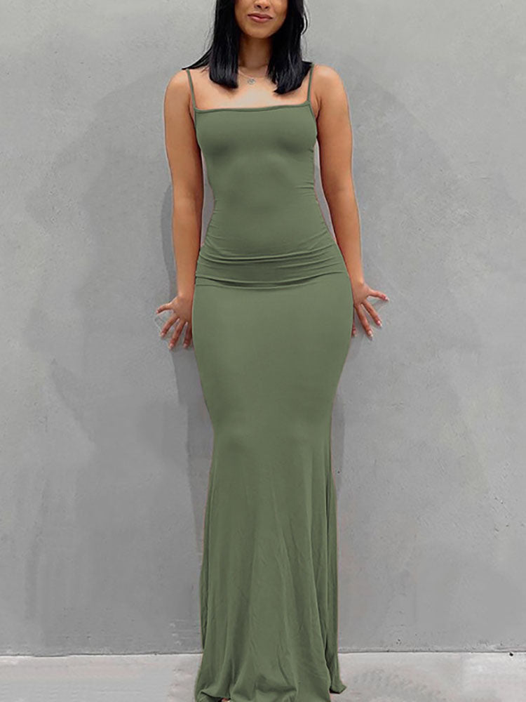 Solid Color Spaghetti Strap Bodycon Maxi Dress