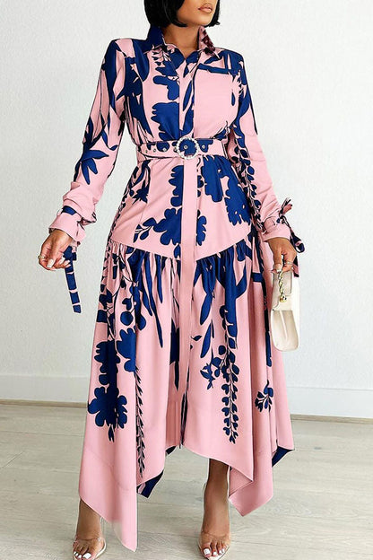 Floral Print Feminine Belted Irregular Maxi Dress