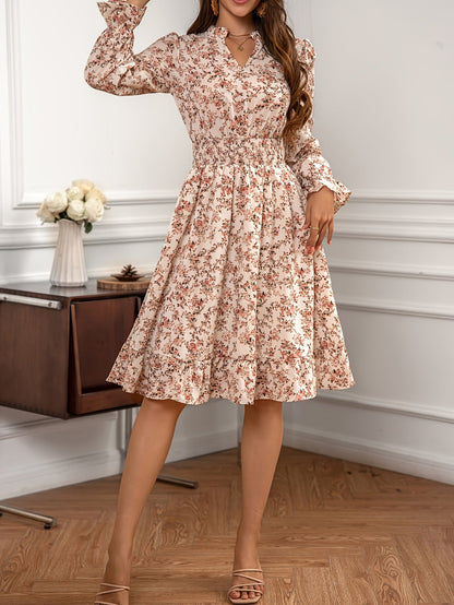 Elegant Women's Floral Print C Neck Long Sleeve Shirred Waist Dress for Everyday Wear