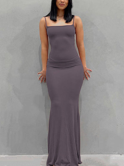 Solid Color Spaghetti Strap Bodycon Maxi Dress