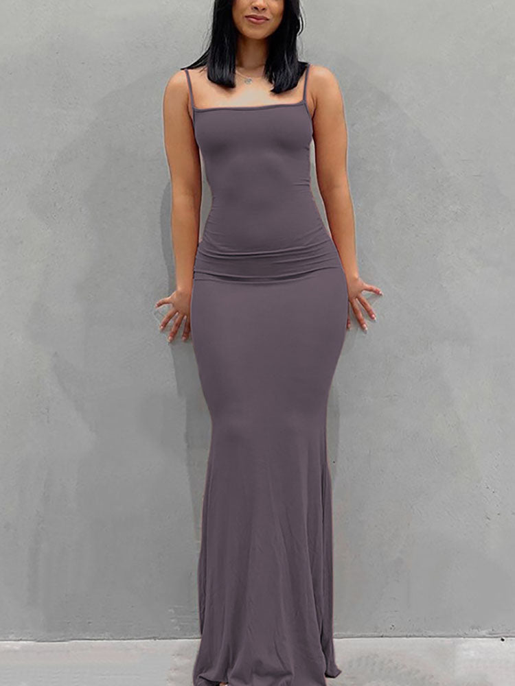 Solid Color Spaghetti Strap Bodycon Maxi Dress