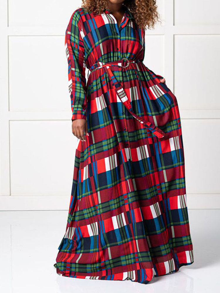 Plaid Print Shirt Collar Maxi Dress