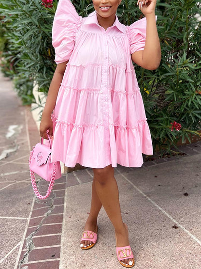 Puff Sleeve Ruffle Shirt Dress