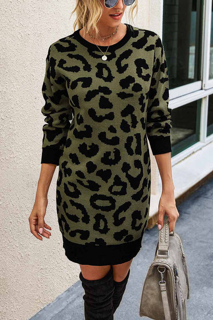 lovwvol Leopard Print Oneck Mini Dress