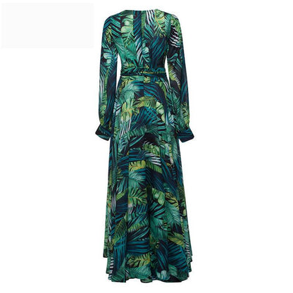 lovwvol V-Neck Leaf Print Maxi Dress