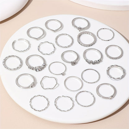 Elegant & Trendy 23pc Mix & Match Ring Set - Geometric, Moon & Star Designs with Rhinestone and White Drip Oil Accents