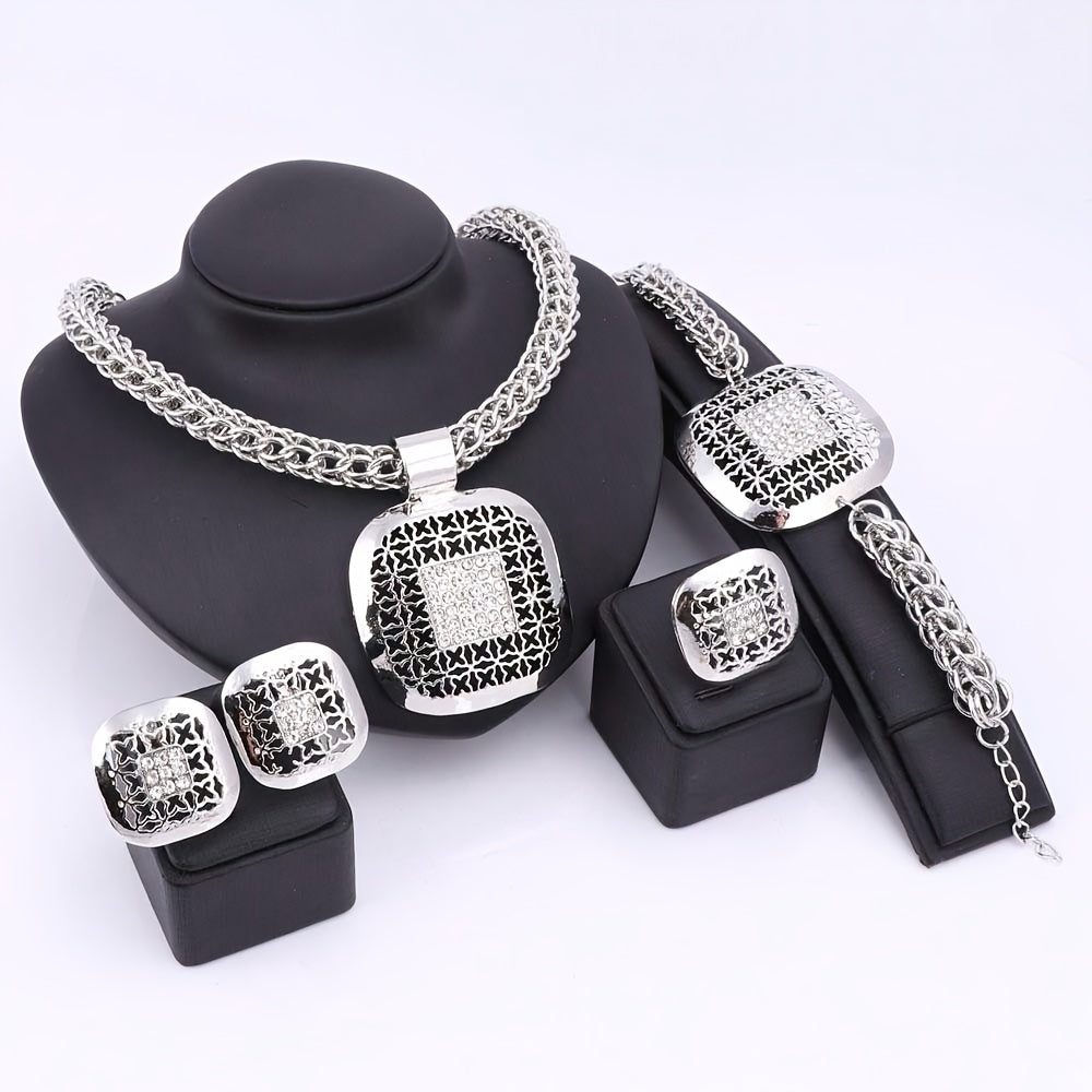 Tone Rhinestone Square Necklace Earrings Bracelet Ring Set, Vintage Ethnic Style Women's Wedding Party Jewelry Gift Set