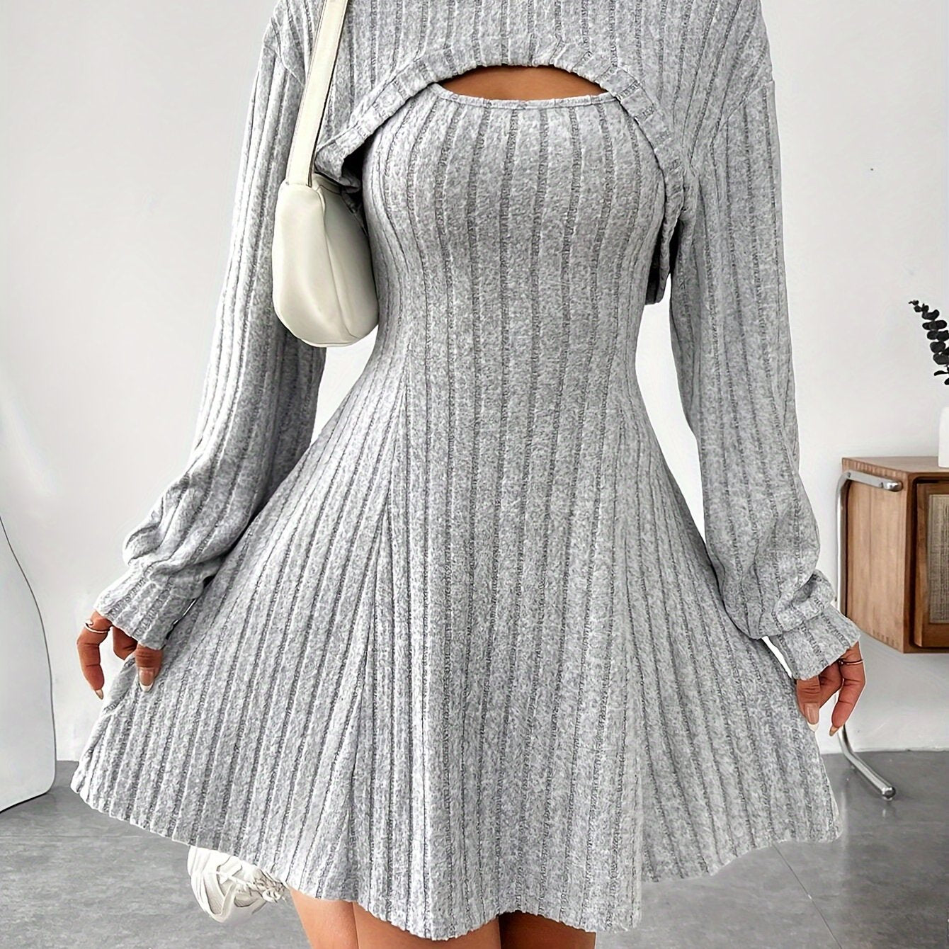 lovwvol Solid Color Ribbed Dress Set, Long Sleeve Hoodie Shrug Top & Sleeveless Square Neck A-line Tank Dress Outfits, Women's Clothing