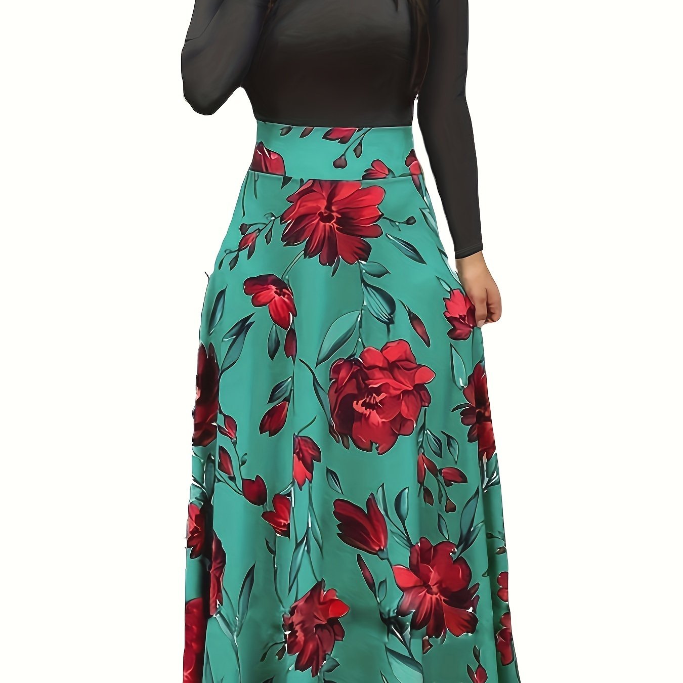 Elegant Floral Maxi Dress: Comfort-Fit, Crew Neck, Easy-Care, Perfect for Spring/Fall - Chic & Durable