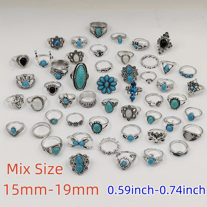 50pc Timeless Vintage Boho Blue Gemstone Ring Set - Diverse Bohemian Designs for Women - Ethnic Cocktail Finger Jewelry Collection