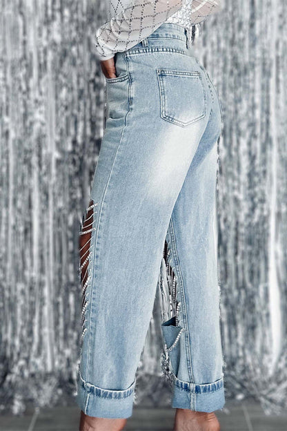 lovwvol  - Light Blue Street Solid Ripped Chains Loose Denim Jeans