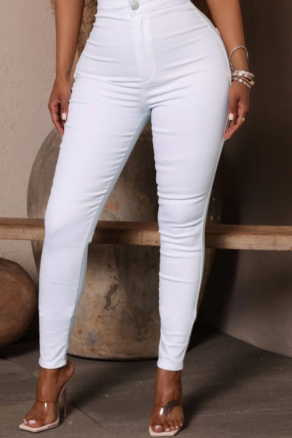 lovwvol  - White Casual Solid Patchwork High Waist Skinny Denim Jeans