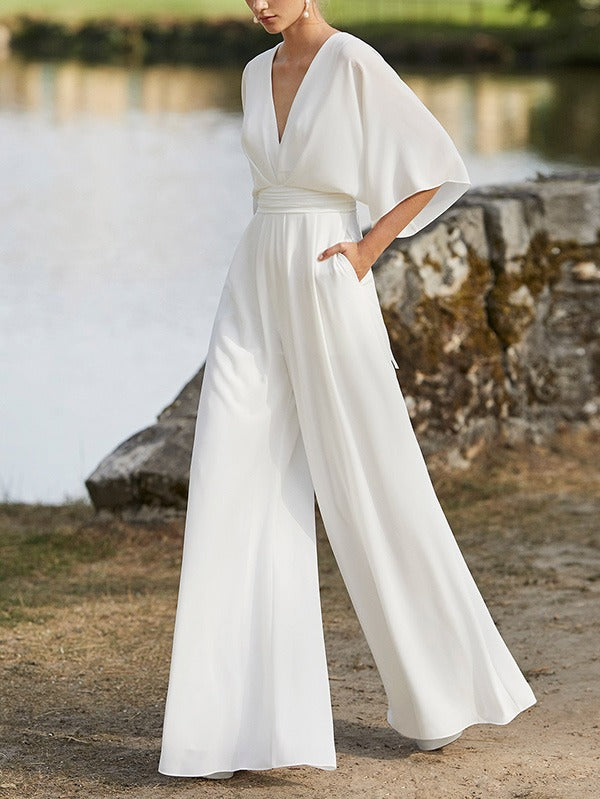 Simple Solid Color V-Neck Half Sleeves Wide Leg Jumpsuits