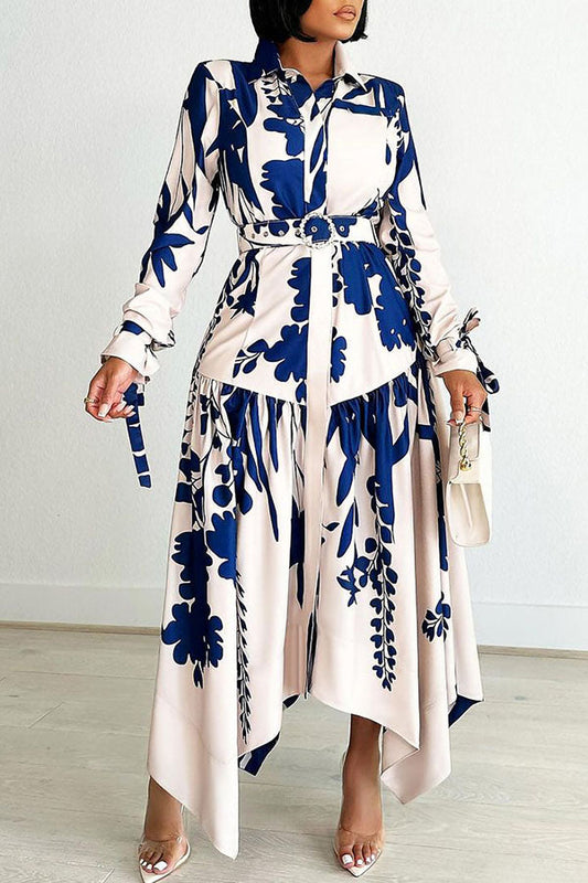 Floral Print Feminine Belted Irregular Maxi Dress