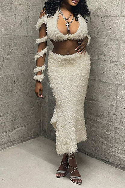 Solid Color Furry Hot Strappy Dress Suit