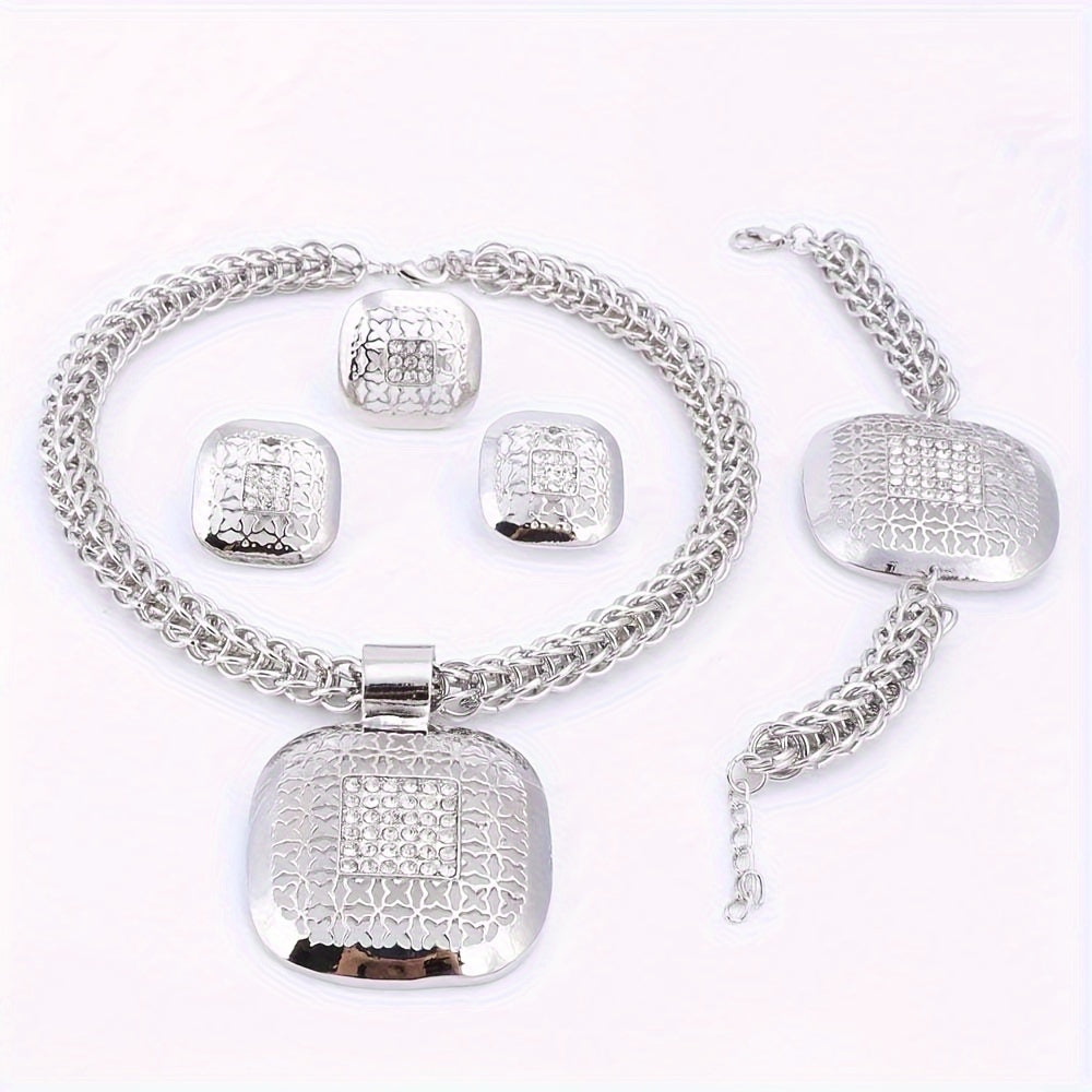 Tone Rhinestone Square Necklace Earrings Bracelet Ring Set, Vintage Ethnic Style Women's Wedding Party Jewelry Gift Set