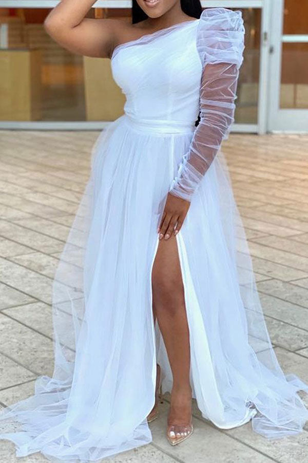 Solid Color One Shoulder Elegant Split Swing Tulle Maxi Dress