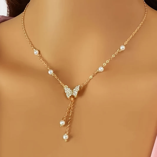 1pc Bling Bling Elegant Style Artificial Pearl Butterfly Pendant Necklace 14k Gold Plated Collarbone Chain Suitable For Women Banquet Accessories